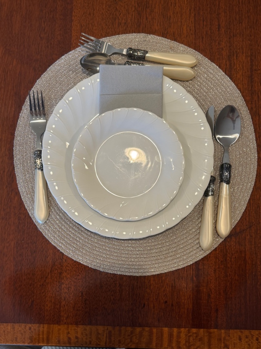 60 PCS Elegant Cream mother of pearl look and patina silver accent silver ware
